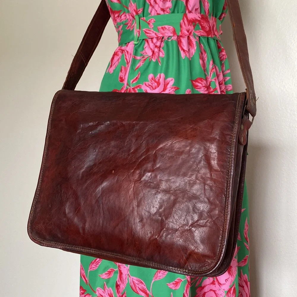 Vintage  Brown Leather messenger bag Elephant Print